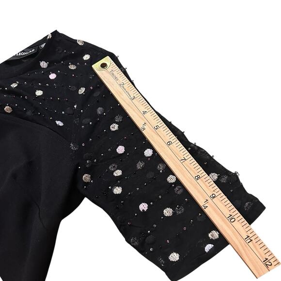 Nina Leonard Sz S Dress Black Crepe Midi Beaded Sheer Short Sleeve Round Neck - Picture 14 of 14